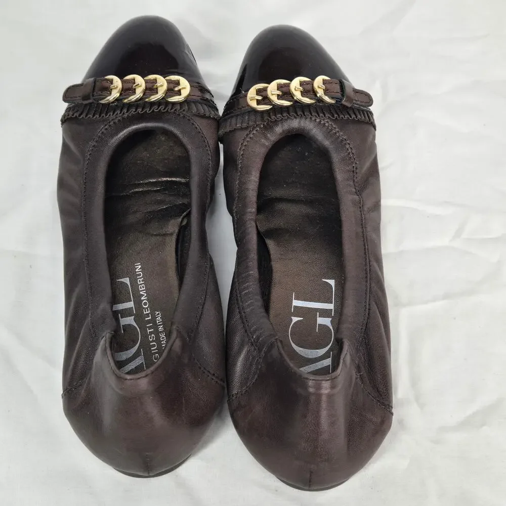 AGL Attilio Giusti Leombruni Ballet Flats Cap Toe Leather Gold Buckle 37.5 7.5